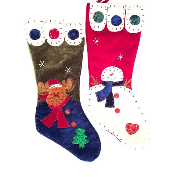 Other - 2 Vintage 20” Velvet Christmas Stockings Reindeer Snowman